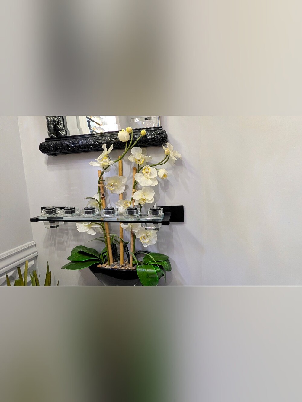Artificial White Bamboo Orchid Arrangement with Black Vase